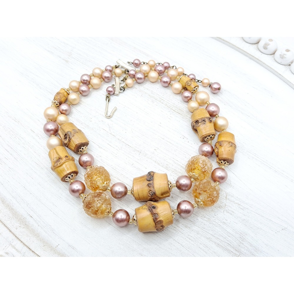 Vintage Japan Double Strand Necklace Chunky Bamboo Faux Pearl Glass Beads 16" - Picture 12 of 12